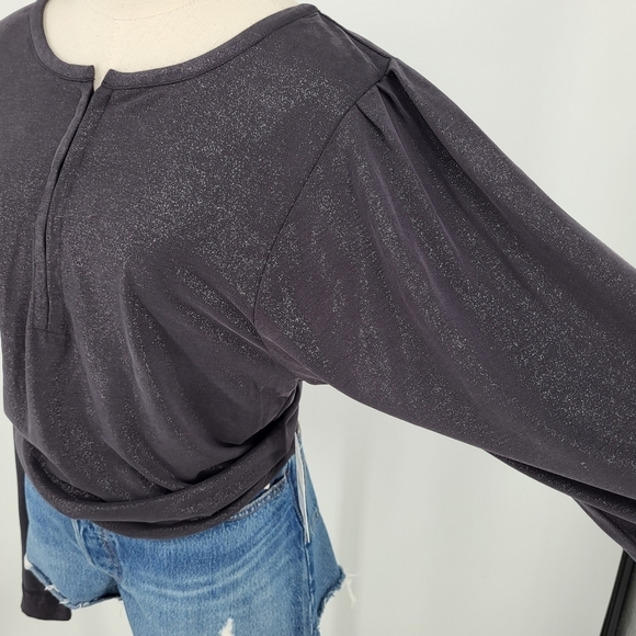 Free People Olivia Relaxed Henley Top Gray Sparkle Glitter Long Sleeve XS NWT - Picture 6 of 8